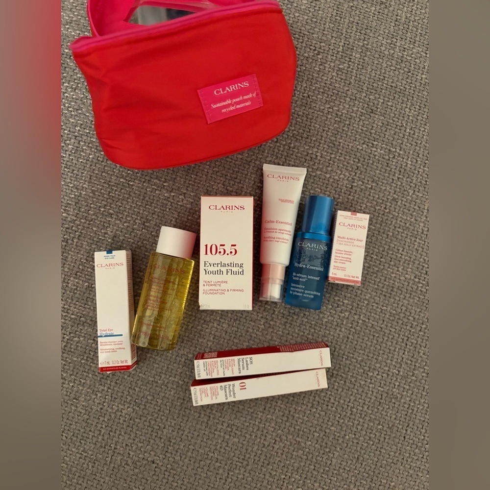 Clarins Full-Size Beauty Set + Red Travel Pouch – Brand New